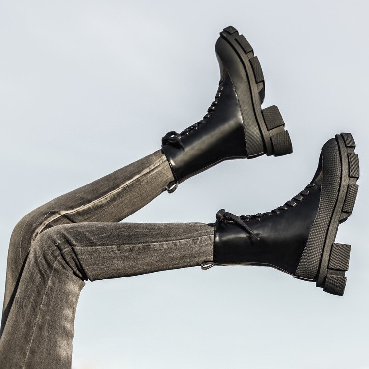 Hokszvy dameslaarzen laarzen plateauschoenen hoge schoenen dikke hak halfhoge veter enkellaarsjes jxq -108-1