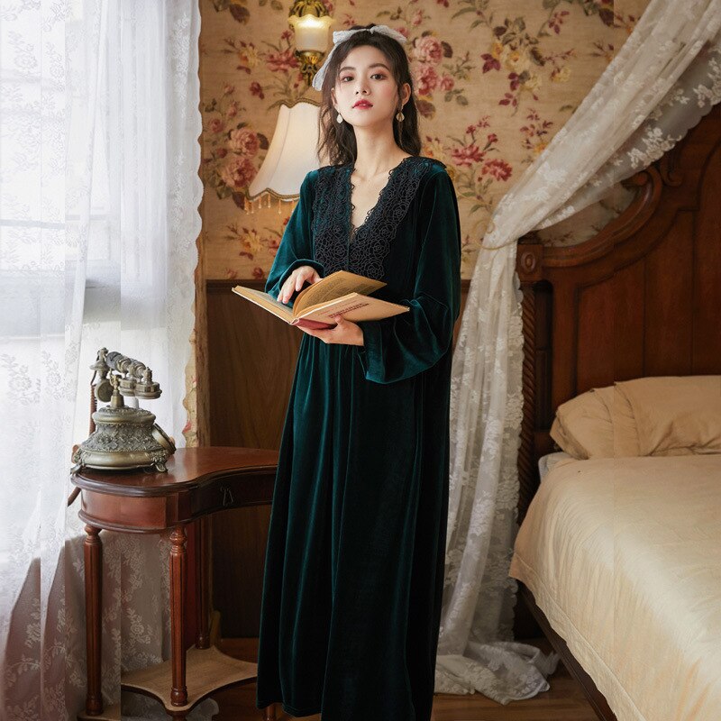 Vestido de noche de terciopelo para mujer, ropa de dormir larga, Peignoir victoriano, bata de pijama, camisón Vintage romántico, ropa de habitación: Dark Green / XL