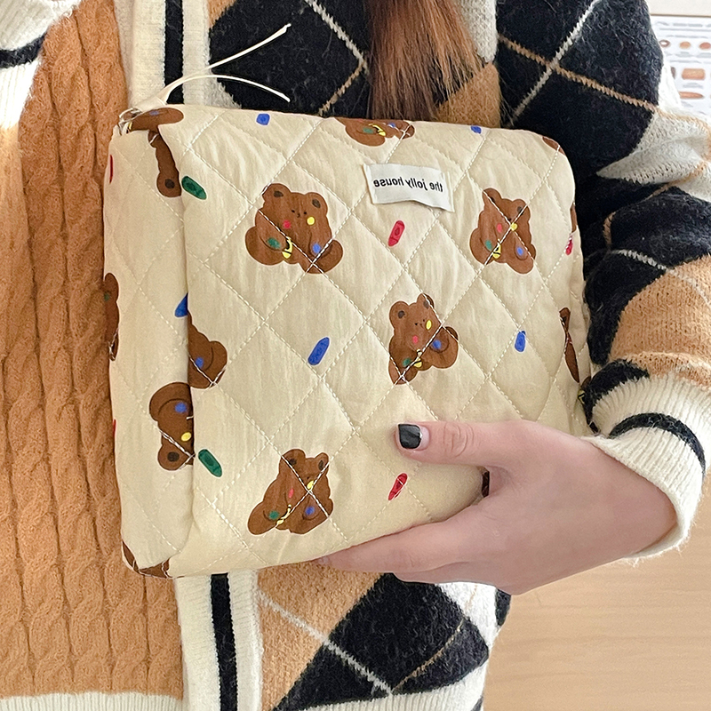 Cartoon Bear Tote Cosmetic Bag Women Quilting Cotton Mini Make Up Orgainzer Storage Pouch Portable Travel Wash Bags: SKY BLUE