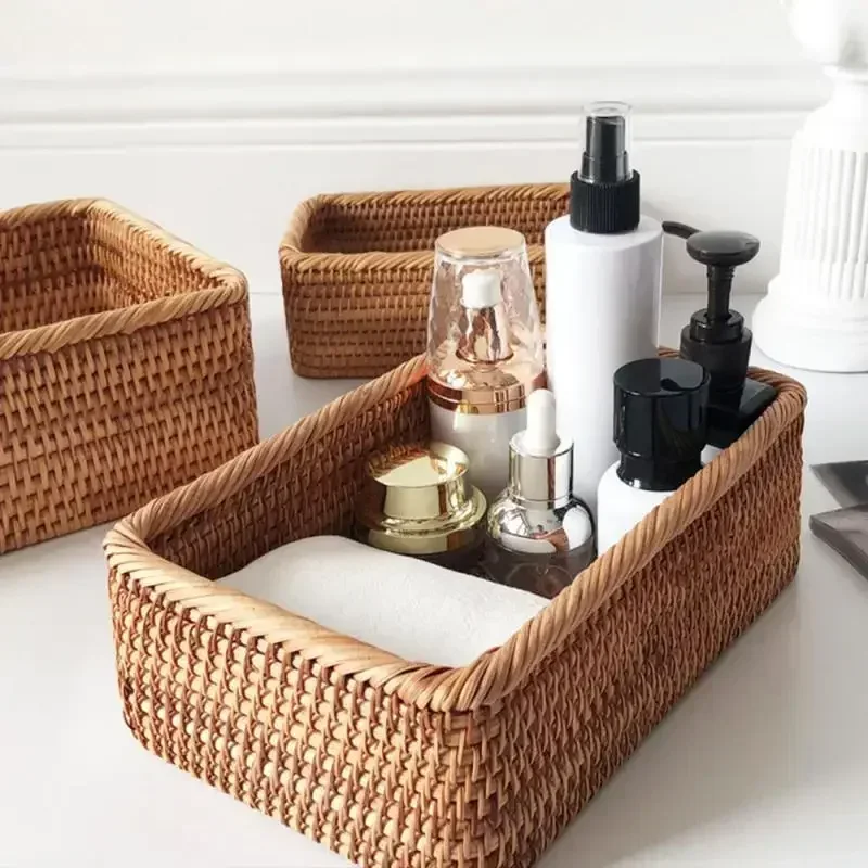 Handgeweven Rechthoekige Rotan Rieten Mand Fruit Thee Snack Brood Picknick Cosmetische Opbergdoos Keuken Benodigdheden Huishoudelijk Gereedschap