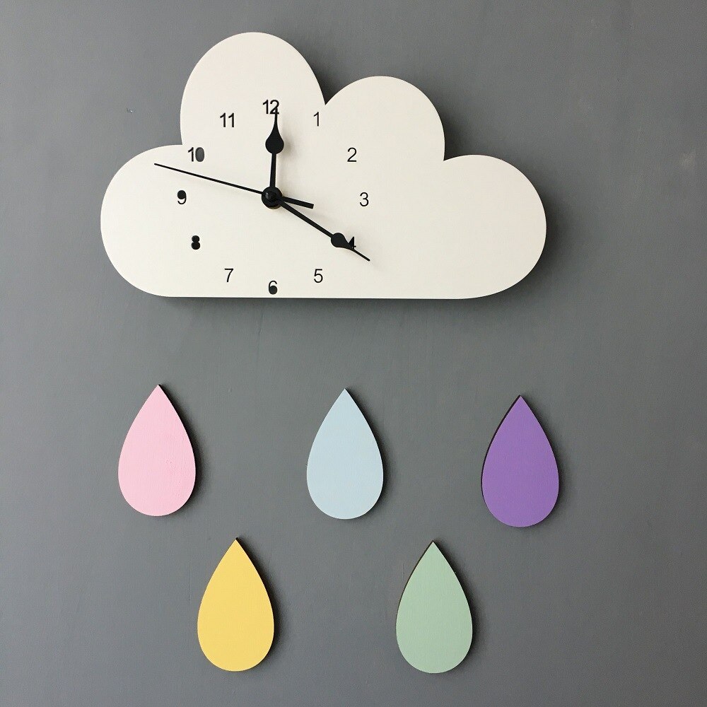 Nordic Rain Wall Clock Cute Cloud With Rainbow Rain Shape Baby Room Kids Girls Wood Mute Timepiece Watch Bedroom 2022: white