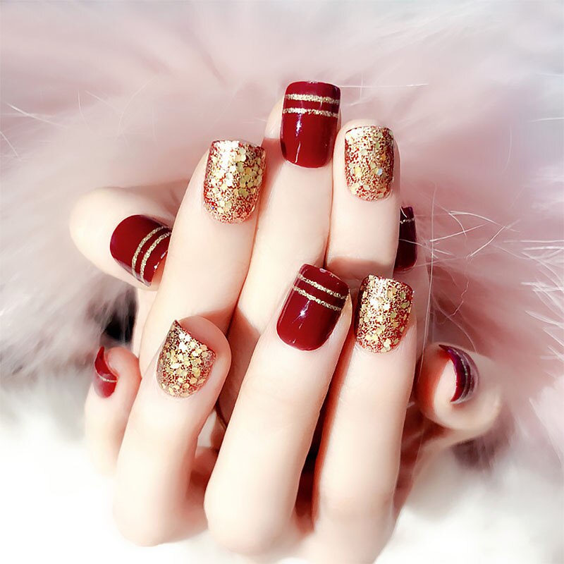 24 pièces magnifiques faux ongles avec colle Champagne vin rouge court brillant doré paillettes faux ongles mariage mariée complet ongles conseils