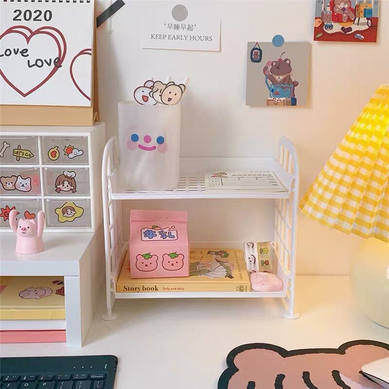 Support de rangement en plastique pour livres, coréen Ins, 2 couches, pour articles de papeterie cosmétique, de bureau, pliable, à monter soi-même