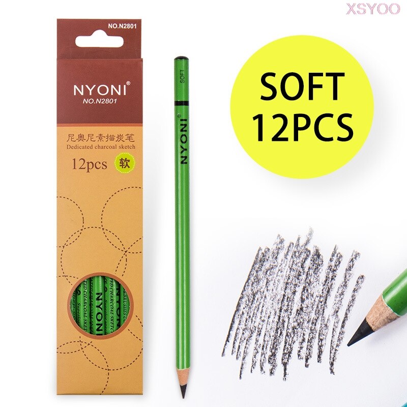 NYONI 10/12Pcs 14B Pencil Set Dedicate Charcoal Pencil Soft Medium Hard Painting Pencils Sketch Pencil Art Supplies Staionery: 12 Soft-green