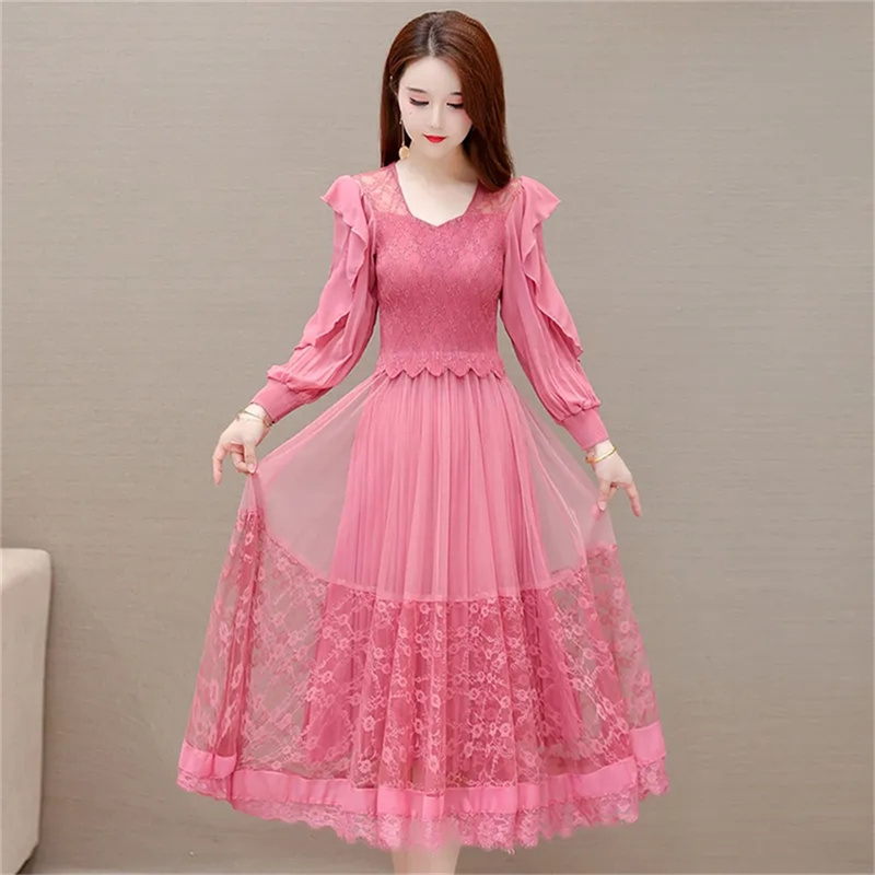 Hochwertiges kleid Rosa 2023 Frühling und Herbst Damen Langarm neue beliebte schwarze französische Mesh Spitze langes Kleid elastisch: M / Beige
