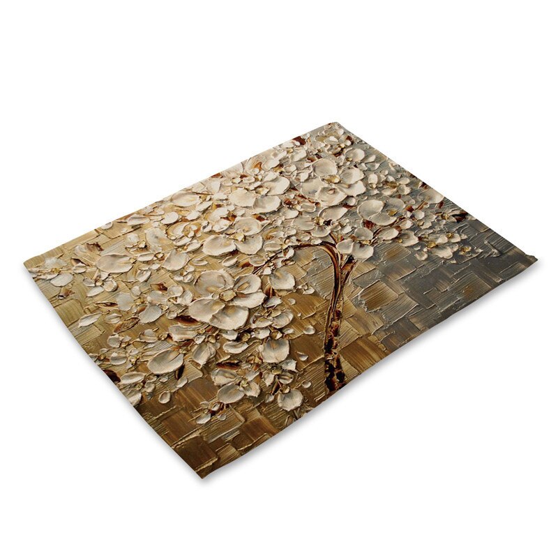 1Pcs Flower Tree Pattern Kitchen Placemat Dining Table Mat Drink Coaster Cotton Linen Pad Bowl Cup Mat 42*32cm Home Decor MP0016: O