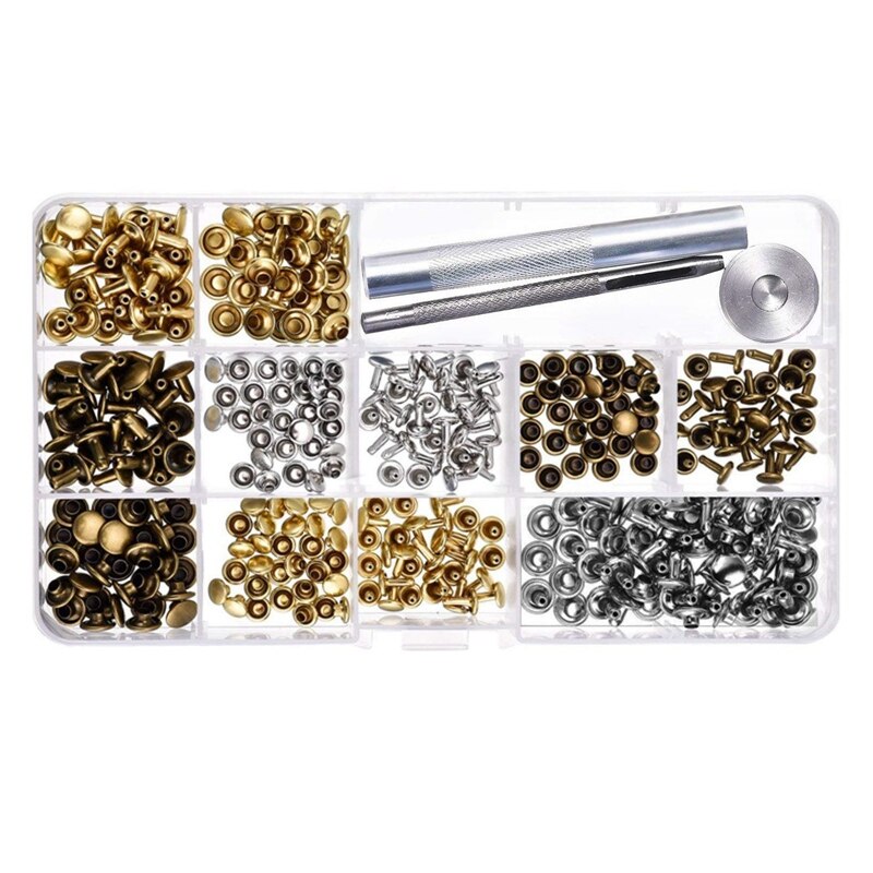 180 Sets 3 Maten Lederen Klinknagels Double Cap Klinknagel Buisvormige Metalen Studs Met 3 Stuks Setting Tool Kit Voor Leer craft: Default Title