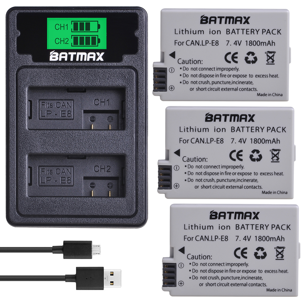 2Pcs 1800mah LP-E8 LP E8 LPE8 Camera Battery for Canon EOS 550D 600D 650D 700D Kiss X4 X5 X6i X7i Rebel T2i T3i T4i T5i Batterie: 3Pcs set