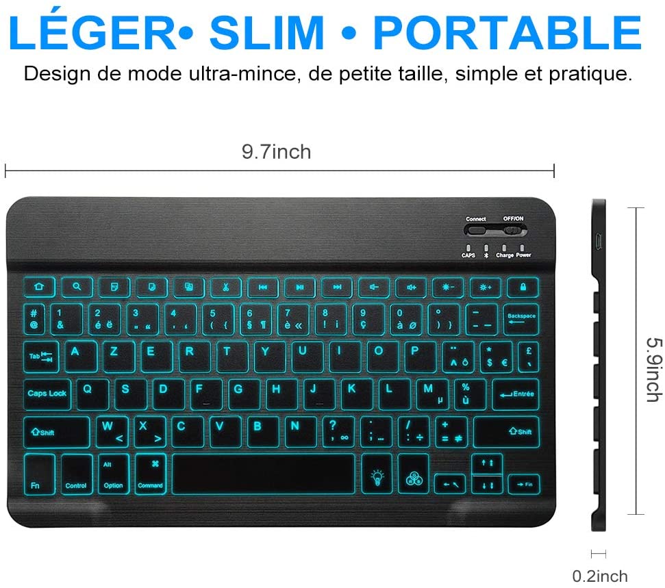 Zienstar 10inch Azerty French Rechargeable Aluminum Wireless Bluetooth Keyboard with 7 Color Backlight Lithium Battery