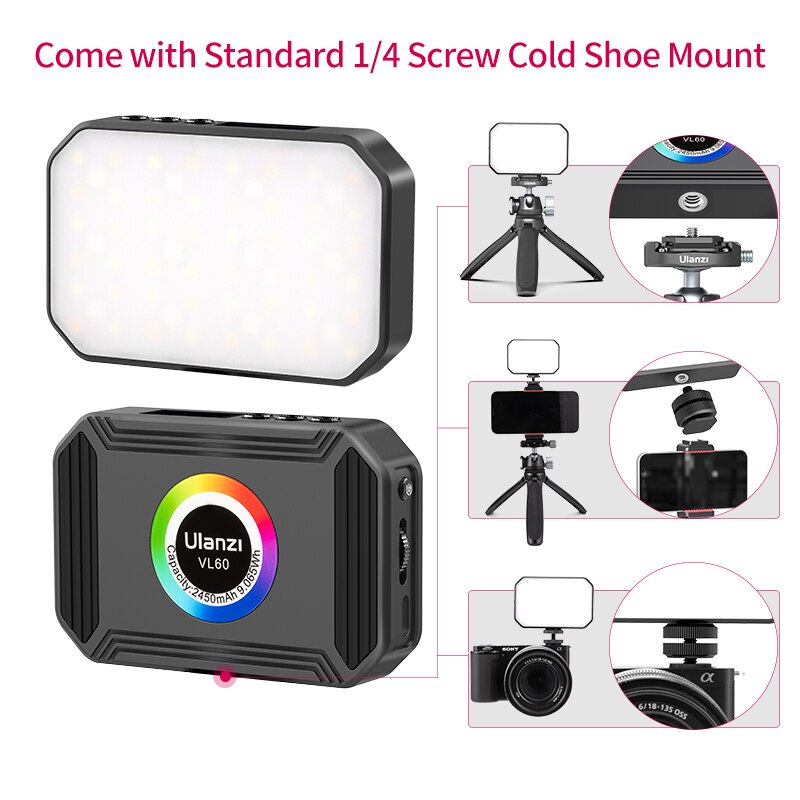 Ulanzi VL60 RGB Camera Light Pocket Led Video Light With Magnetic Dimmable CRI95+ 2500K-9000K 20 Light Scenes Effect Type-C Port