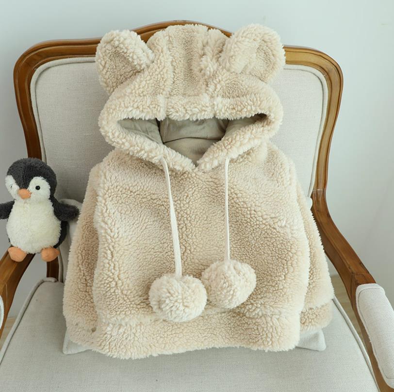 Winter Toddler Girls Clothes Boy Thicken Warm Cute Bear Top Baby Korean Lamb Wool Hooded Sweater: BN1311 beige / 24M