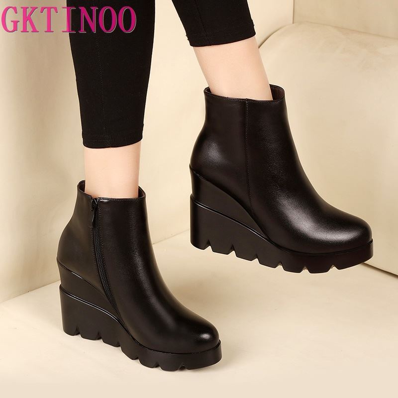 Otoño e Invierno de plataforma de cuero suave zapatos de tacón alto chica cuñas tobillo botas zapatos de para mujer botas Mujer talla 34-40