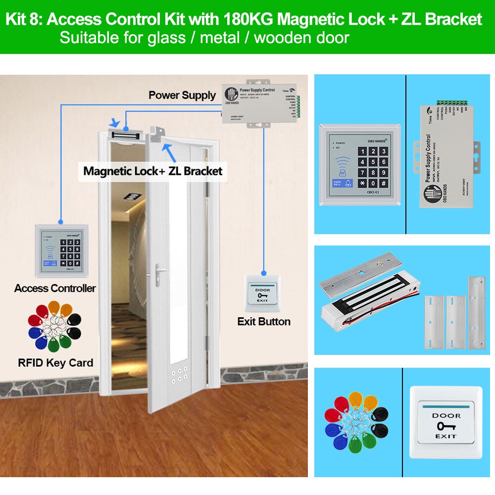 Full RFID Door Entry Access Control System Kit Set DC12V 1000 User 125KHz with Electric Magnetic Lock Strike Bolt Lock for Gate