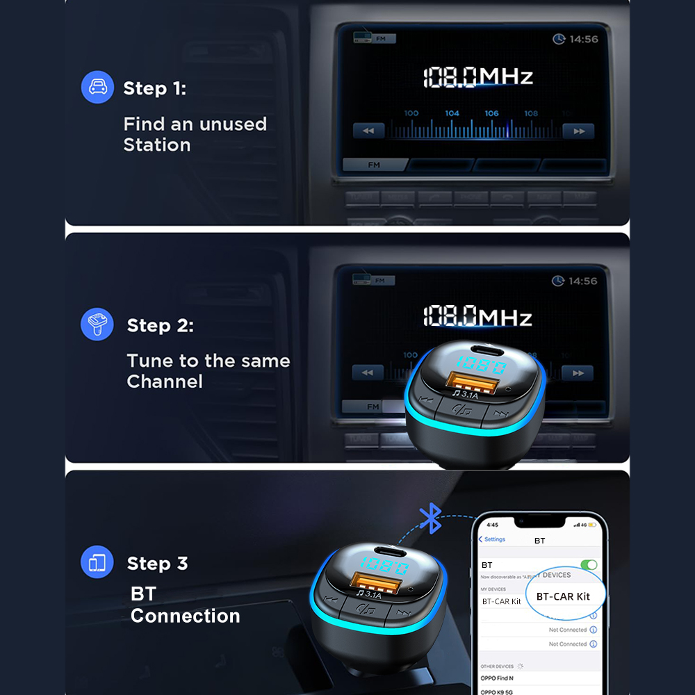 Lettore MP3 per auto con trasmettitore FM senza fili Caricatore per auto doppio USB kit per auto con risposta uno tocco con cavo di ricarica 3 in 1