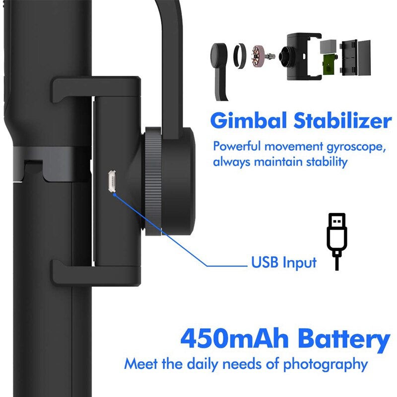 1-Axis Handheld Gimbal Stabilizer for Smartphone, Time-Lapse Object Tracking, Pan-Tilt Tripod with Built-In Bluetooth Remote(Bla