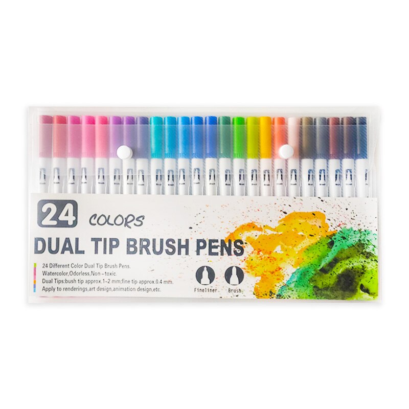 100 farver kunstmarkører dobbelt tip farvelægning pensel fin liner farve vandmarkør skoleartikler til tegning af farvebog: 24 farver hvid