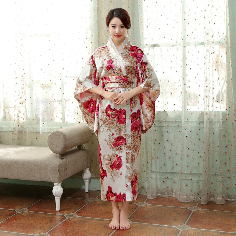 Bata tradicional China Roja bata Kimono satinado para mujer