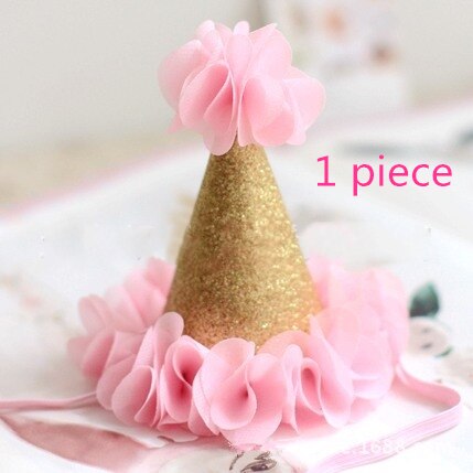 Meisje Bloem Tuin Shabby Chic Verjaardag Hoed Roze Lavendel Gouden Bloem Party Hoed Hoofdband 1st 2nd 3rd Pasgeboren Glitter party Cap: 1 piece Pink
