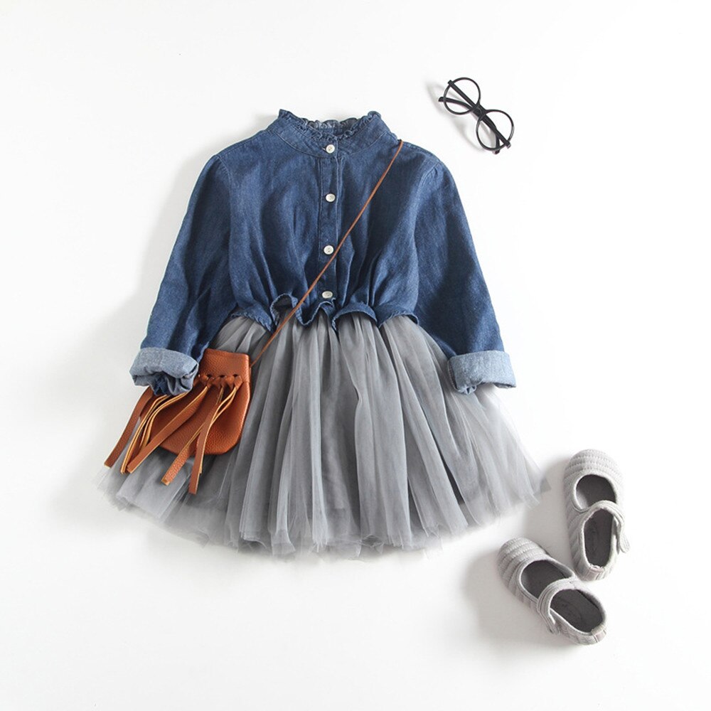 2019 Bambini vestiti per le ragazze Del Bambino Del Bambino Del Denim Delle Ragazze Del Vestito Principessa A Maniche Lunghe Vestito Dal Tutu Abiti Da Cowboy vestido infantil: 140 Dark Blue 