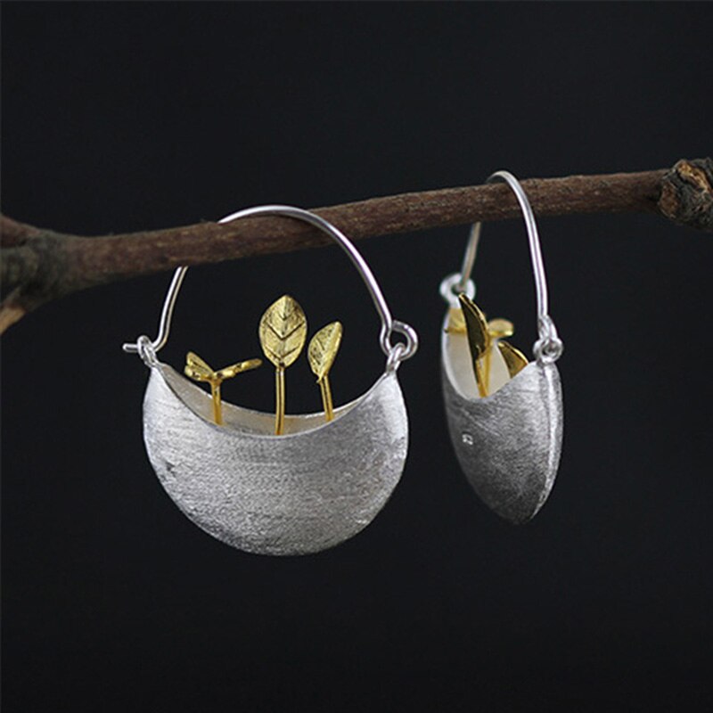 Lotus Plezier Echte 925 Sterling Zilver Natuurlijke Creatieve Handgemaakte Fijne Sieraden My Little Tuin Dangle Oorbellen Voor Vrouwen Brincos: Goud