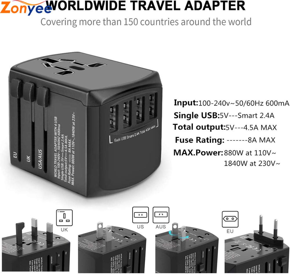 Universal Plug Adapter for Worldwide Travel All in One Wall Charger AC Socket for European UK AUS International Power Adapter