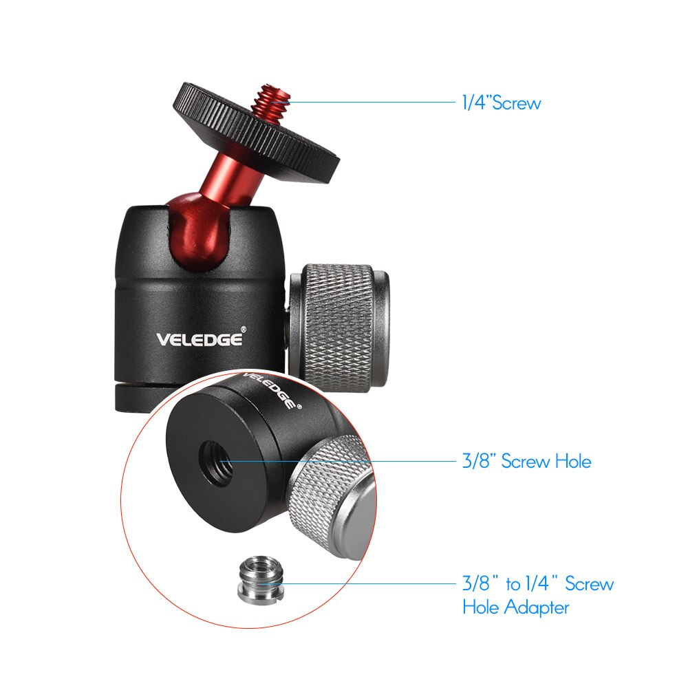 Veledge-mini tripé com cabeça de esfera, adaptador de liga de alumínio, 360 graus, com 1/4 ", furo para parafuso, para monitor de vídeo, luz led, speedlite