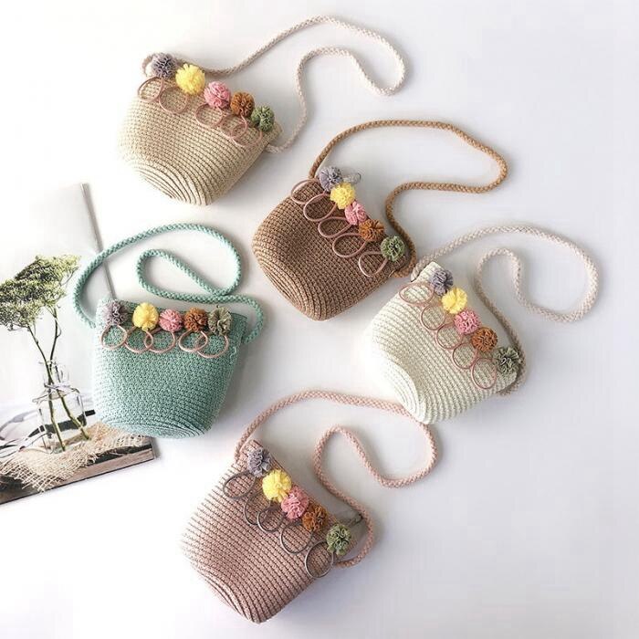 Piger skuldertaske strå rattan vævet crossbody taske til baby piger bedste (pink)