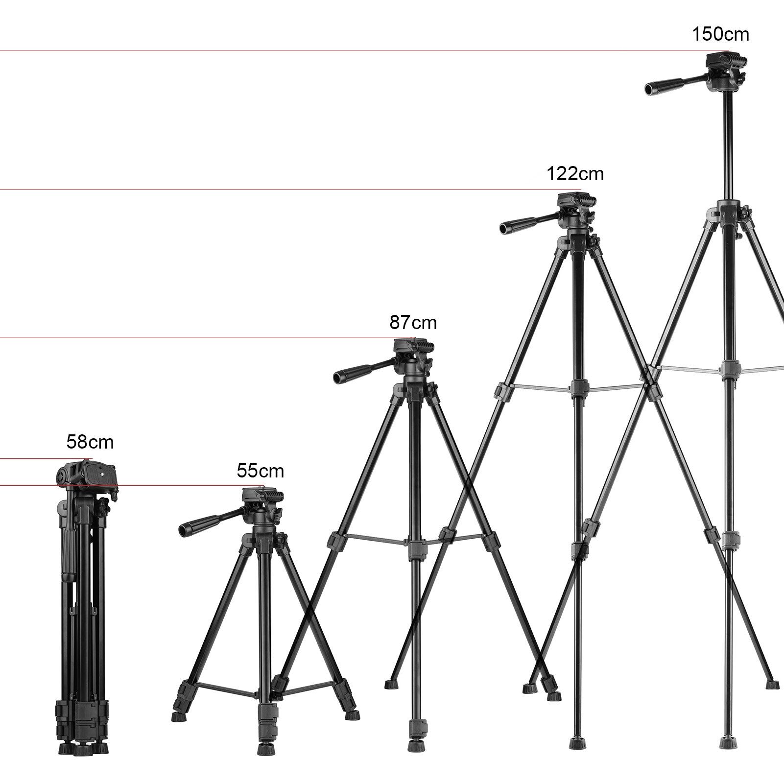 Photography Tripod Stand Aluminum Alloy 150cm 3-Section 3-Way Hydraumatic Head Universal 1/4 Mounting Bubble Level Phone Holder