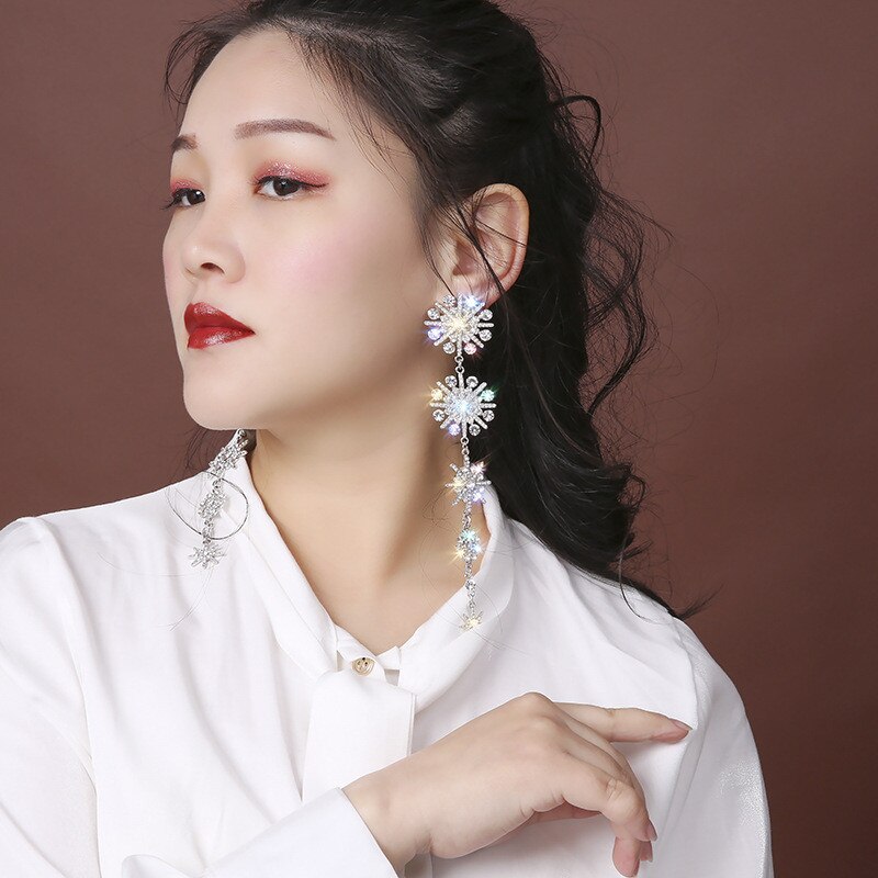 FYUAN – boucles d&#39;oreilles flocon de neige et strass pour femmes, longues, pompon, étoile, cristal, de mariage, de fiançailles