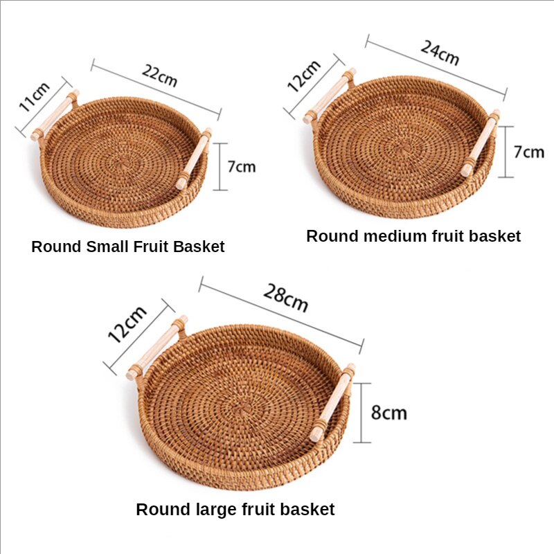 Handmade woven Storage Basket Rattan Storage Tray Wicker Basket Bread Fruit Food Breakfast Picnic Basket Kitchen Storage Basket: round 3pcs