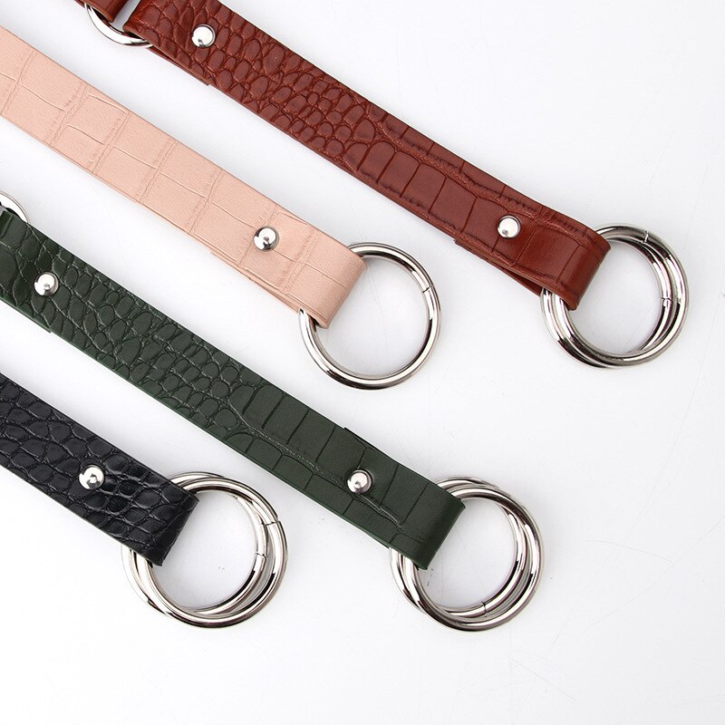 Unique Stone Grain Pu Belt Women Double Ring Thin Belts Female Jeans Dress Waistband Brand 2022