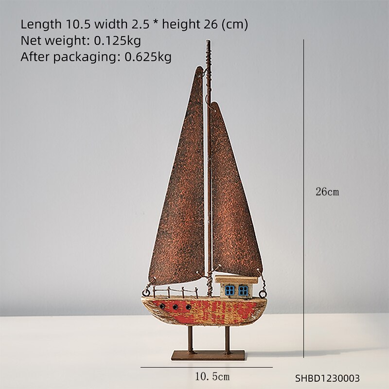 Wooden Ship Model Modern Home Decoration Iron Retro Sailboat Figurines Office Desk Decorative Birthday Christmas: Double sail-red