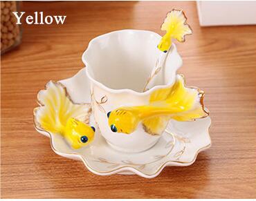 Enamel Goldfish Coffee Mugs Tea Cups With Saucer Spoon Porcelain Drinkware: 3