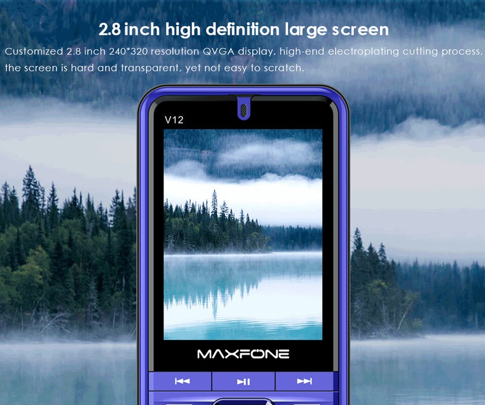 Maxfone  v12 mobiele telefoon met drukknoppen, 2.8 inch quad-sim toetsenbord, bluetooth zaklamp,  mp3 radiocamera, bighorn 4 sim-telefoon