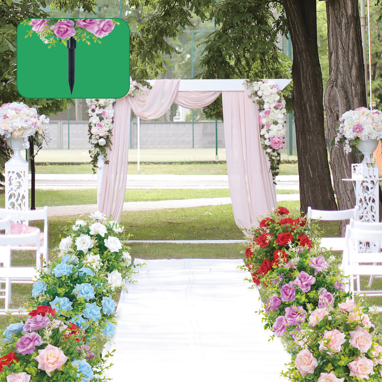 Rosa de flores artificiales con picos de tierra, estaca de jardín, arbustos verdes de imitación, decoración de jardín, porche de jardín al aire libre, decoración de boda