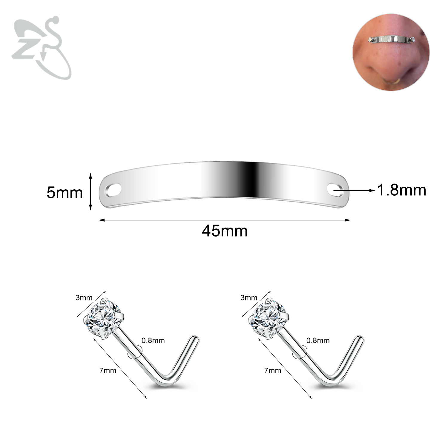 ZS-Piercing en Acier Inoxydable pour Homme et Femme, Bijoux de Corps, Ajustable, Pont de Narine, Punk, 24/30/35/40/45/50mm, 1 Ensemble: Imitation plaquée rhodium