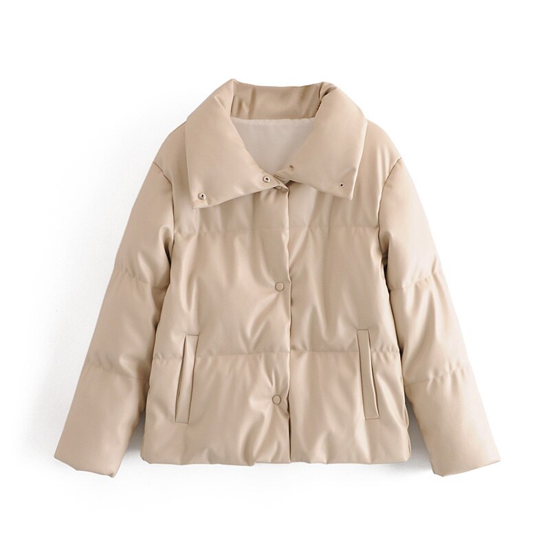 Cnlalaxury solid pu læder parkaer kvinder læder frakker kvinder tykke bomuldsjakker kvindelige dame outwear toppe: Beige / S