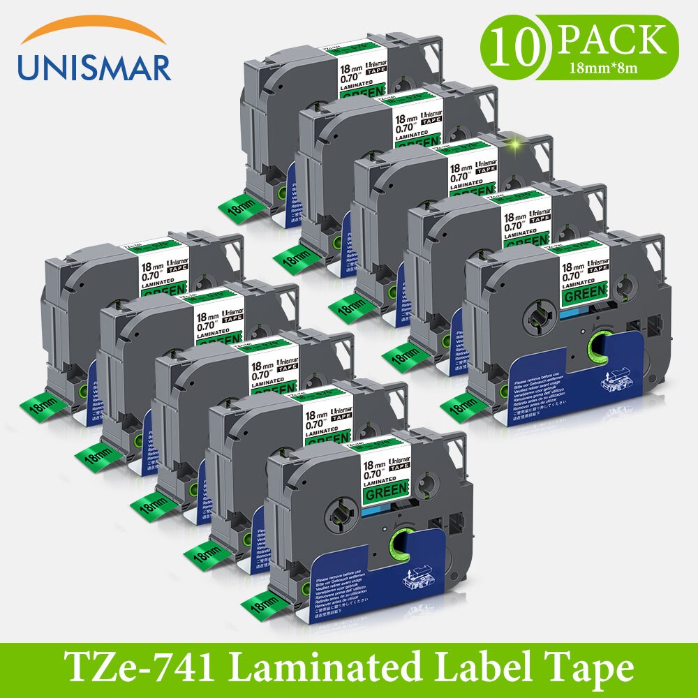 10PCS Label Tape Compatible for Brother P Touch - 18mm x 8m Black on Green TZe-741 TZe-241