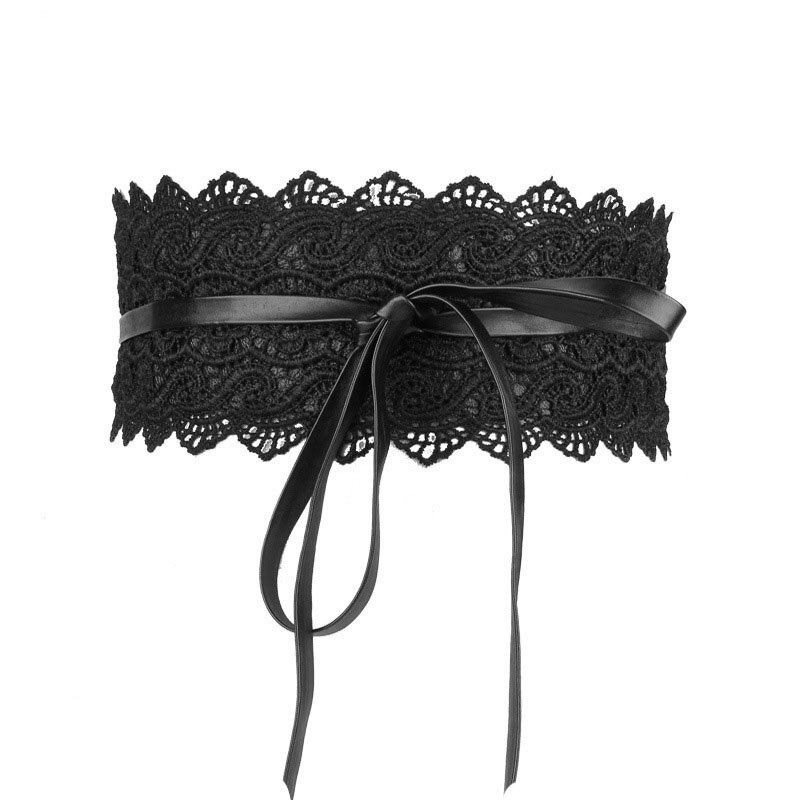Cinturón ancho de encaje negro para mujer, corsé con autosujeción, cinturón de cintura alta tejido con lazo, bohemio: black flower