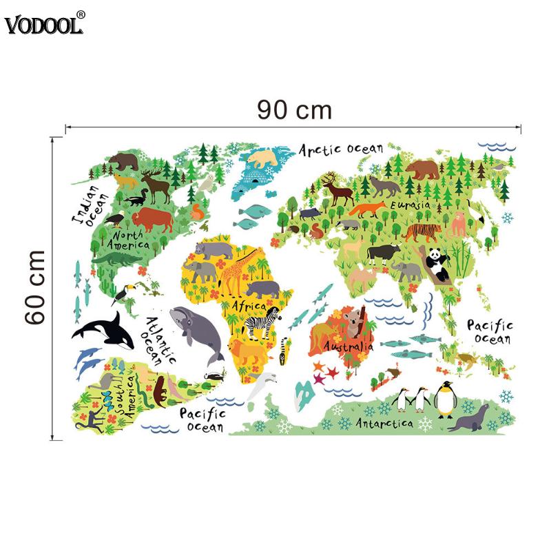 Colorido Animal mundo adhesivo con de mapa para pared Mapa de dibujos animados extraíble PVC papel pintado para habitación de niños calcomanías pósteres para decorar el hogar