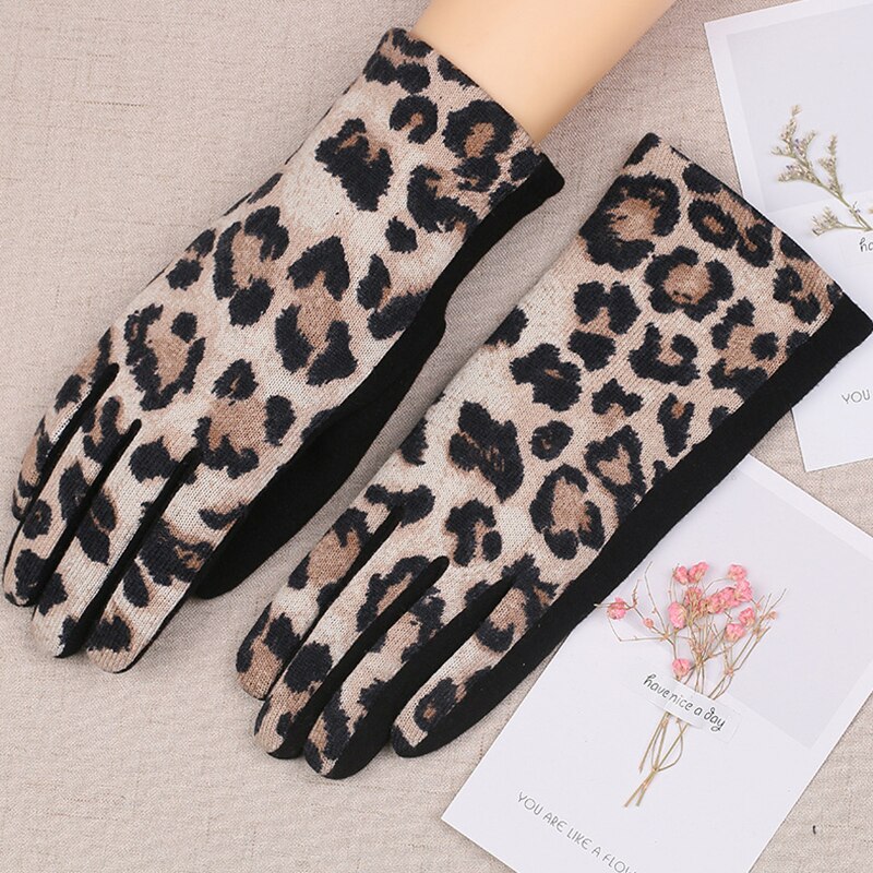 Kvinders vinter leopard handsker tynde kashmir varme fuldfinger touch screen handsker kvindelige uld varme  k11 #39