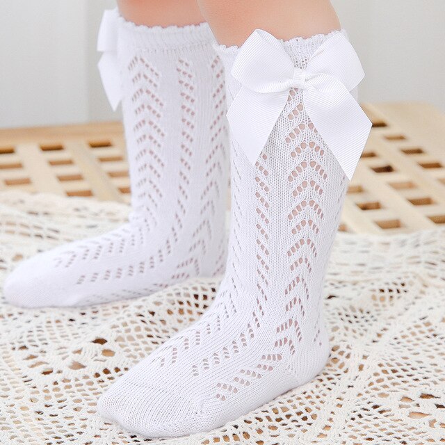 Calcetines de algodón con lazo grande para niñas, medias cómodas con agujeros, hasta la rodilla, de 0 a 5 años