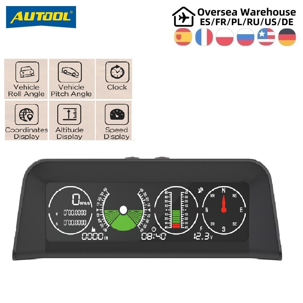 AUTOOL X90 GPS HUD Digital Speedo PMH KMH Slope meter Inclinometer Tilt Pitch Angle Protractor Latitude Auto OBD Head-Up Display
