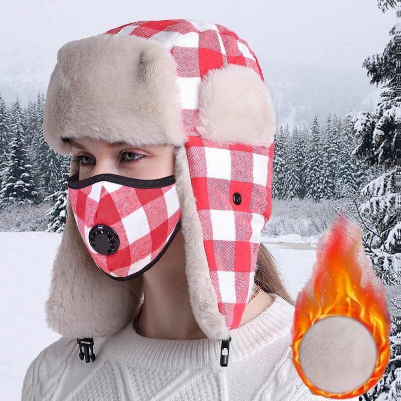 Wintermutsen heren dames warme mutsen plus fluwelen koudebestendige verstelbare mutsen winddichte gezichtsbedekking skimutsen sets gymmutsen: Pet gezichtsbedekking rood 2