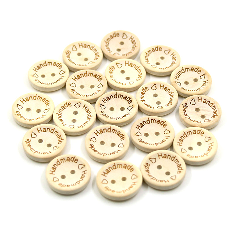 Botones de madera hechos a mano con amor, 2 agujeros, botón redondo, botones de bebé de Color Natural para Scrapbooking, manualidades, coser, 50 piezas