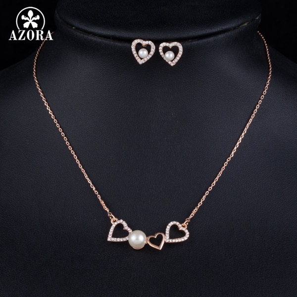 AZORA Romantic Rose Gold Color Stellux Austrian Crystal Pearl Heart Stud Earrings and Pendant Necklace Jewelry Set TG0189