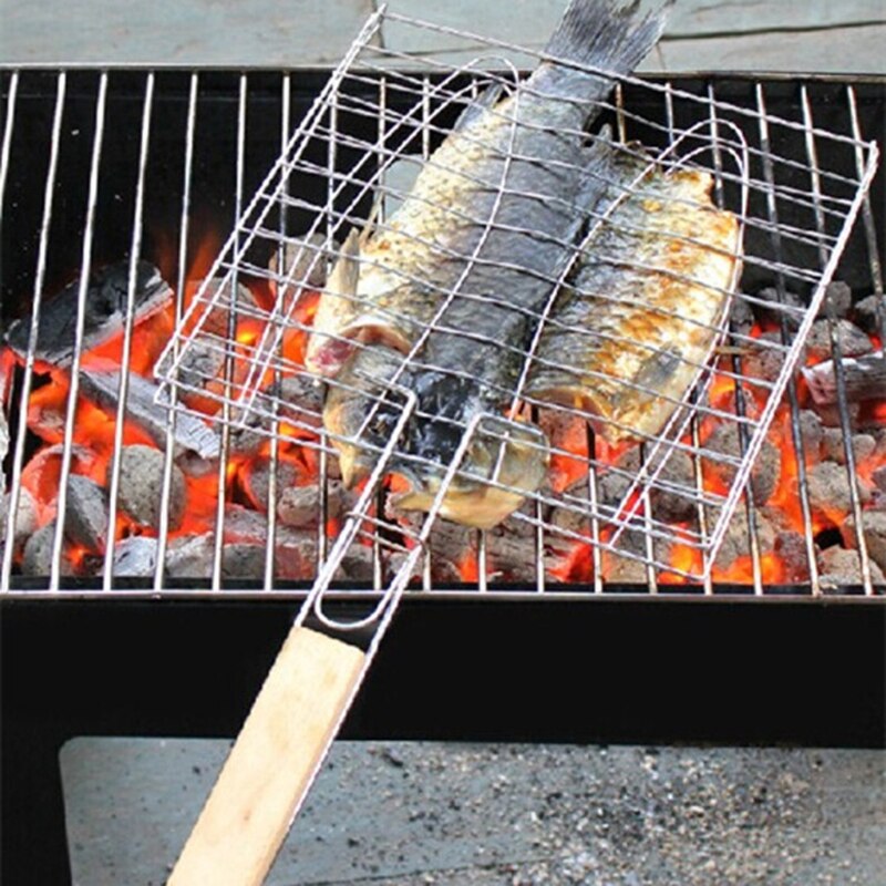 Grill grillkurv grill bbq netto træhåndtag kød fisk vegetabilsk værktøj mar 28