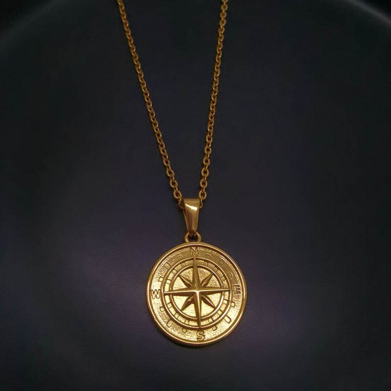 Collier avec pendentif boussole en or pour hommes et femmes, Hip-Hop, Vintage, pièce ronde en acier inoxydable, chaîne de bijoux à la