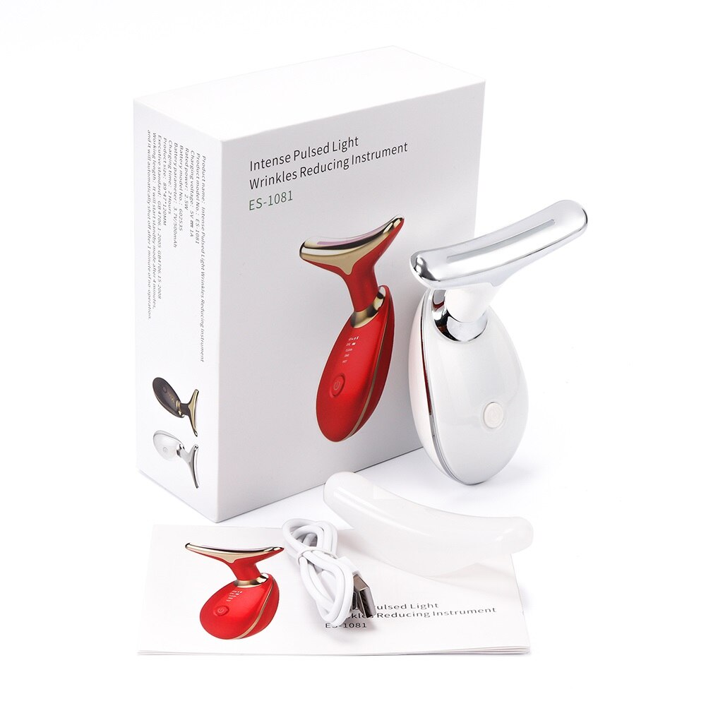 Fjern dobbelthage hals enhed ansigt slankende løfte massager ems vibration foton varme terapi hals rynke remover v-face: Hvid