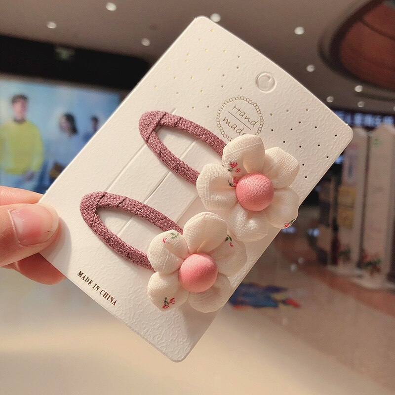 2PC/Set Cute Grid Fabric Flower Hair Clips For Children Sweet Girls Barrettes Hair Grips Hair Accessories HeadWear Headdress: Beige